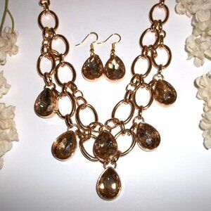 Statement Jewelry Set Necklace Earring Teardrop Faux Citrine Yellow Fancy C722